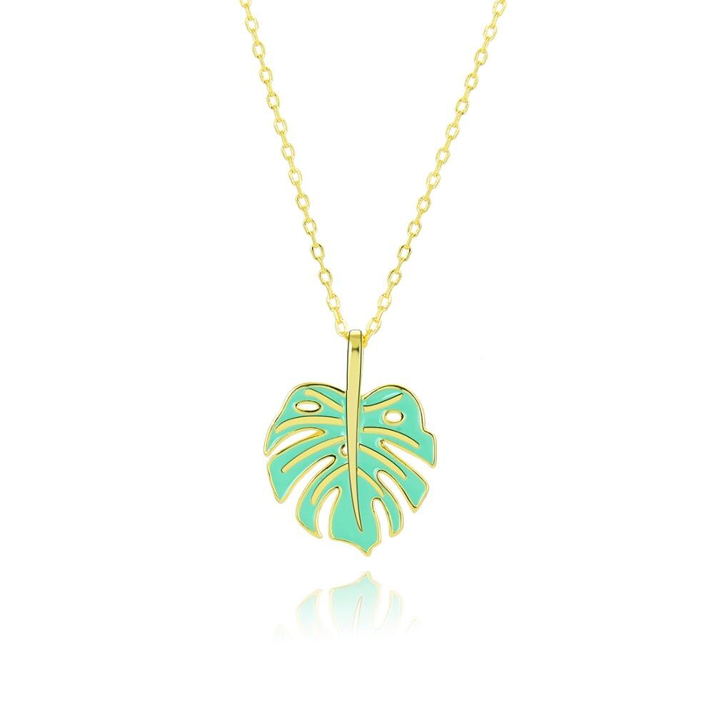 New Silver Green Enamel Leaf Necklace